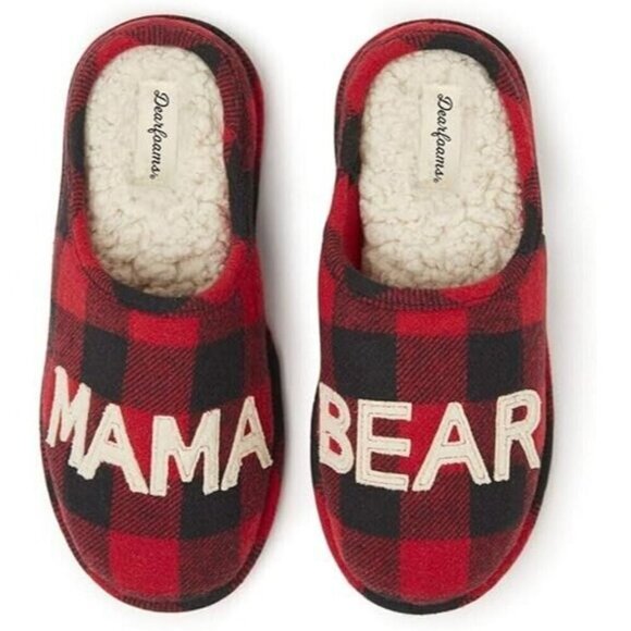Dearfoams Women’s Christmas Gifts Mom Cute Red Plaid NEW 7-8 Mama Bear Slippers - Picture 1 of 6